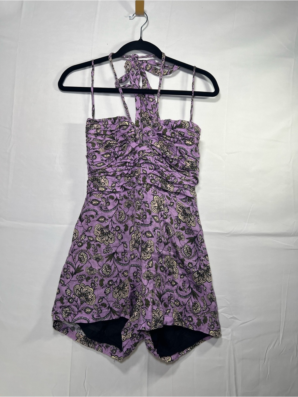 Karina Grimaldi Paisley Halter Romper Purple Cutout Tie Back XS